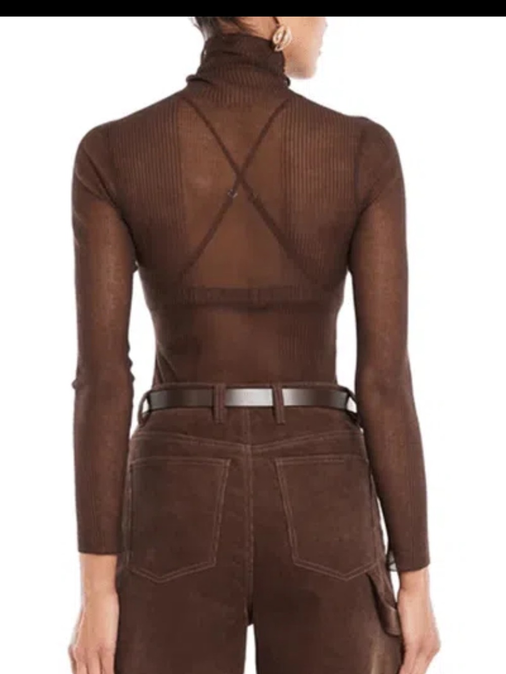 NWT SER.O.YA Piper Sheer Ribbed Turtleneck Sweater Slate Brown L